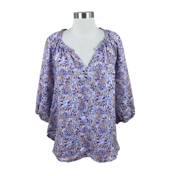 J. Jill Love Linen Purple Floral V Neck Blouse Size Large Beachy Coastal - Picture 1 of 4